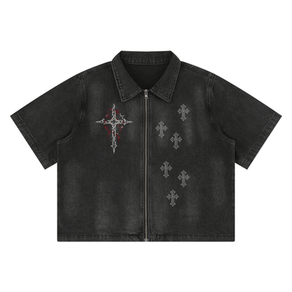 Seeker Unisex Vintage Washed Full-Zip Denim Shirt
