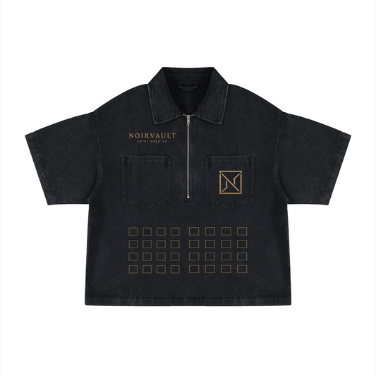 NoirVault - Unisex Vintage Wash Boxy Quarter-Zip Denim Shirt